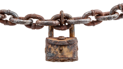 Old rusty padlock and chain isolated on transparent background