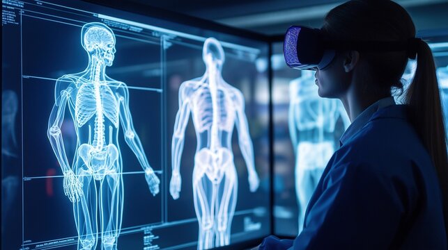 Female researcher studying skeleton with VR interface image. Woman in lab coat using virtual reality anatomy photography scene photorealistic. Biomedical research concept photo realistic