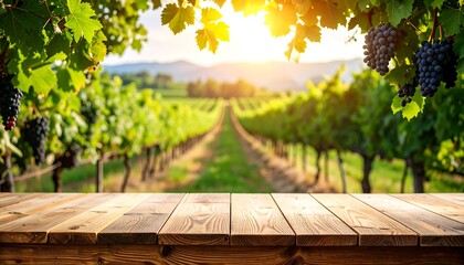 Naklejka premium Vineyard table top, sunlight, grapes