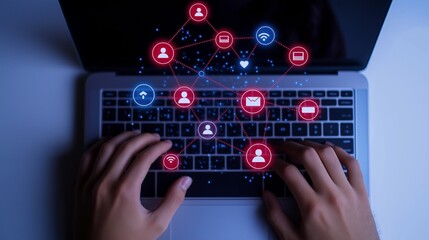 Manager working with social network on laptop top view image with digital overlay. E marketing strategy closeup photography conceptual composite. Business concept photo realistic