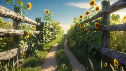 Vibrant sunflowers line a rustic wooden fence along a sun-drenched country path creating idyllic summer vibes