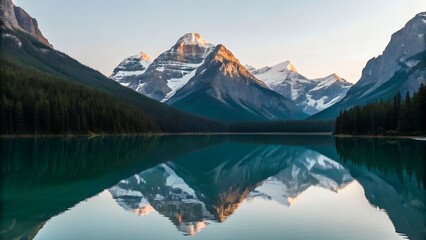 Naklejka premium Snow-Capped Mountains Reflected in Turquoise Lake – Serene Alpine Landscape with Forest Surroundings 