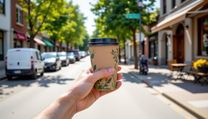 hand holding a reusable coffee cup with blurred urban street background, eco friendly lifestyle, sustainability concept, morning atmosphere, candid composition.
