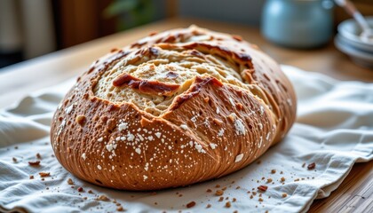 freshly baked sourdough bread on a linen cloth with crumbs, rustic kitchen scene, warm and cozy baking moment, close up detail.