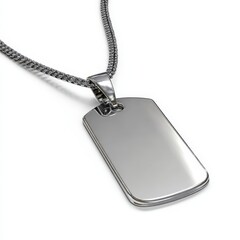 Fototapeta premium Shiny Silver Dog Tag Pendant Necklace on White Background Perfect for Branding Mockups or Jewelry Designs