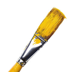 Close-up of a yellow paintbrush, bristles tipped with vibrant yellow paint, metal ferrule, and wooden handle