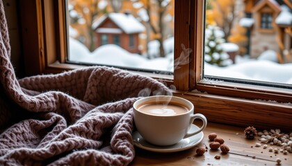 cozy winter scene with cup of hot chocolate and wool blanket near a window, seasonal comfort, warm tones and soft focus.