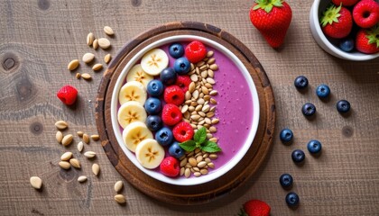healthy smoothie bowl with berries, seeds, and banana arranged neatly, vibrant colors, clean eating concept, flat lay overhead.