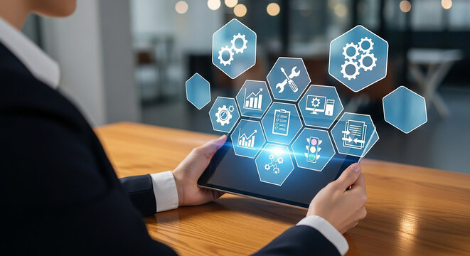 workflow automation system, Businesswoman holding tablet with digital hexagon interface showing gears charts settings tools and data icons for process management and optimization

