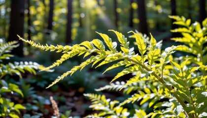 closeup of fern leaf backlit by sunlight in forest, delicate structure, bright and clean natural background, high detail.