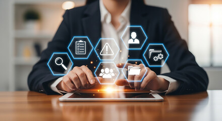 business risk management, Woman using tablet with glowing digital interface showing warning icon analytics people network and secure document options in futuristic corporate system

