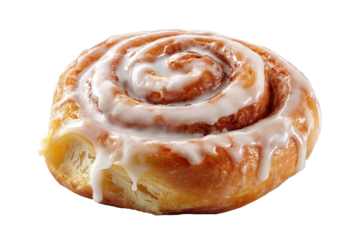Cinnamon roll with white glaze and spiral top, freshly baked and isolated on white.