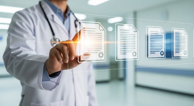 electronic medical records, Doctor touching floating digital document icons in futuristic hospital interface representing healthcare information system and patient data management

