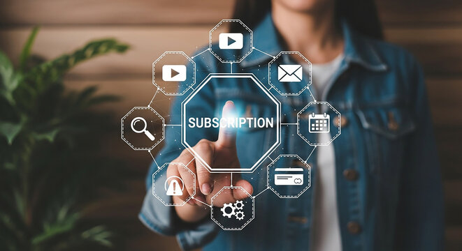 subscription service interface, Woman pointing at transparent digital icons for video content email newsletter shopping and media access on virtual screen in modern interactive display

