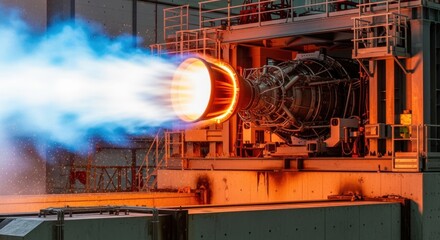Detailed view of engine nozzle glowing redhot as cryogenic rocket engine conducts a powerful test firing on a reinforced test stand.