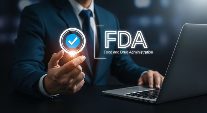 fda approval concept, Businessman using laptop while holding digital checkmark icon beside glowing food and drug administration logo in dark office environment symbolizing certification

