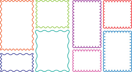 Set of frames with zigzag edge, scallop edge Vector shape. Geometric zig zag wavy stickers. oval and square scalloped frames. Isolated elements for design of text box, badge, banner.
