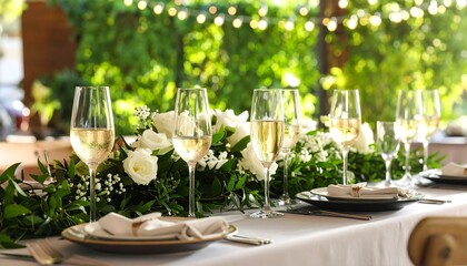 Elegant outdoor table setting with champagne flutes and flowers