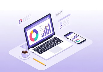 3d business analytics with laptop, phone, charts, and coffee