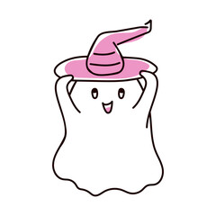 Cute doodle ghost wearing a pink witch hat, smiling and raising arms isolated on white background. Playful Halloween illustration for kids.