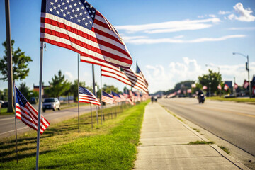 Fototapeta premium A serene scene of the American flag hanging on the street.