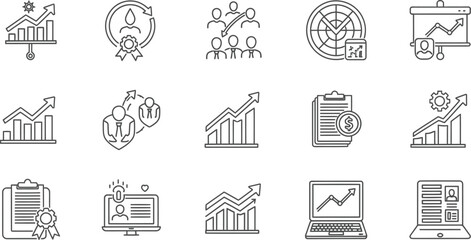 Fototapeta premium Vector art of set of business and management icons contains such icons as growth, employee, team, target, board, chart, clipboard, computer, document, laptop, business, management
