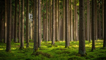 Sunlight Through Pine Trees In Forest