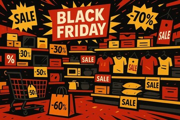 Black Friday shopping chaos with crowd grabbing products in retail store

