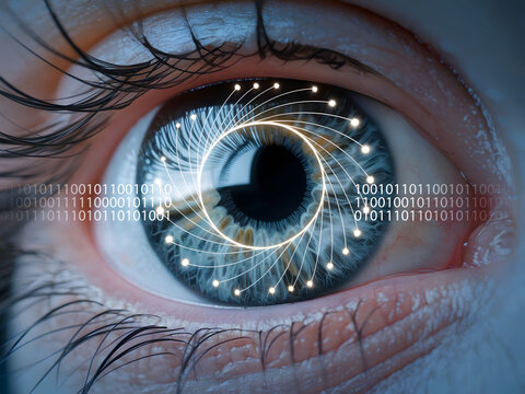 Detailed close-up of a human eye enhanced with digital interface elements, symbolizing advanced technology, biometrics, artificial intelligence, and cybersecurity. Generated image.