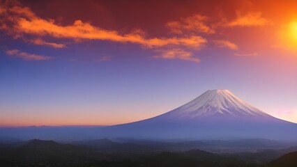 Fototapeta premium Autumn colors surround the iconic Japanese volcano, Mount Fuji, with its snow-capped peak reflecting in a tranquil lake at sunset