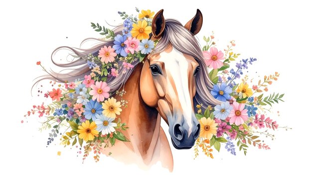 Horse portrait adorned with colorful flowers