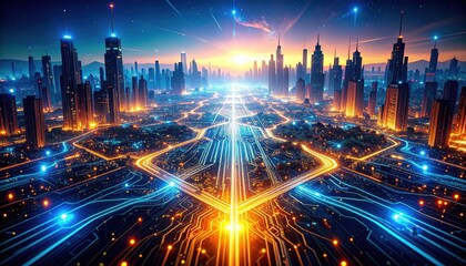 Futuristic Cityscape At Sunrise With Glowing Roads And Illuminated Buildings