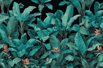 Lush tropical foliage, dense banana plants and vibrant flowers against a black backdrop
