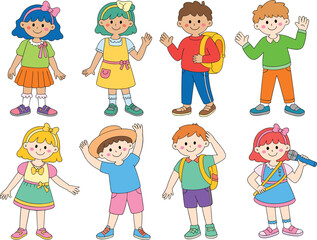 Cartoon children standing, waving, singing, smiling with backpacks and colorful clothes, cute boys and girls vector illustration for kids design