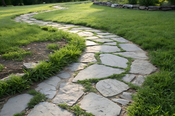 A winding stone pathway through a lush green grassy garden, bathed in warm sunlight, creating a serene and inviting outdoor scene