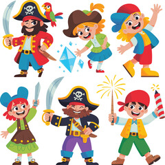 Cartoon pirate kids with costumes, swords, fireworks, treasure gems, fun characters, happy expressions, colorful outfits, children’s adventure vector illustration