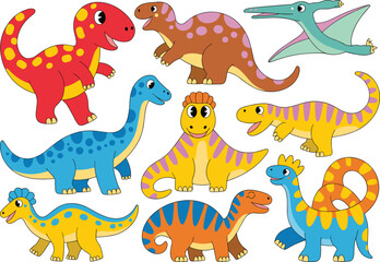 Colorful cartoon dinosaurs set, cute prehistoric animals illustration, smiling dino characters, fun educational design, isolated on white background image
