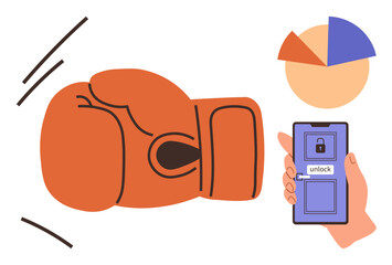 Boxing glove in action, smartphone unlocking with a touch, and a pie chart representing strategy, competition, sports analytics, digital access, teamwork, decision-making, simple flat metaphor