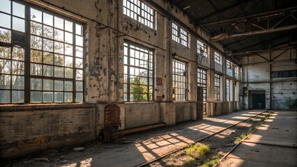 Fototapeta premium Old abandoned industrial factory building interior with light, columns, and shadows , old industrial facroryinterior with sunlight- grunge urban decay background