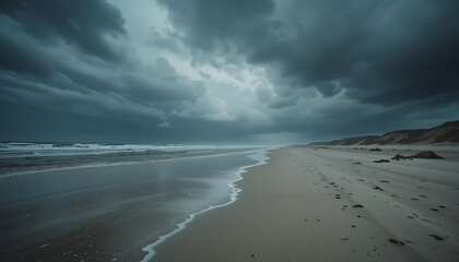 Dramatic beach scene under a stormy sky.