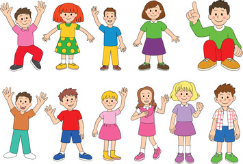 Group of happy cartoon children standing and waving, colorful kids illustration, smiling boys and girls, educational character design for school
