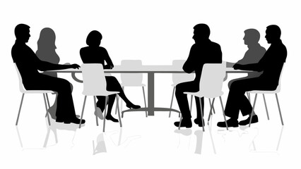 Silhouette of people sitting around a table in a meeting with chairs and a white background in the scene | editable eps vectors