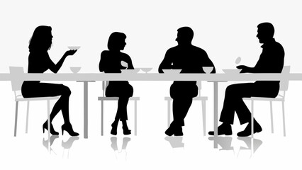 Silhouette of four people sitting at a table eating with dishes and chairs in a bright setting area | editable eps vectors