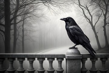 A black raven perched atop a stone railing in a misty landscape with bare trees behind it near a road