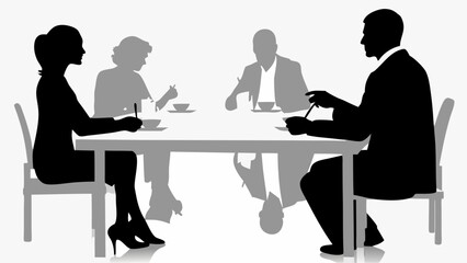 Silhouettes of four people sitting around a table with cups in a meeting or dining setting shown | editable eps vectors