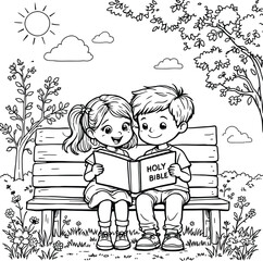 Children reading holy bible on bench under tree coloring page with sun and clouds in the background