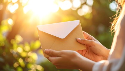 Hands holding a light brown envelope outdoors