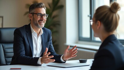 Business Meeting, Professional Discussion, Office, Photography, Indoor, Side View, Communication Skills