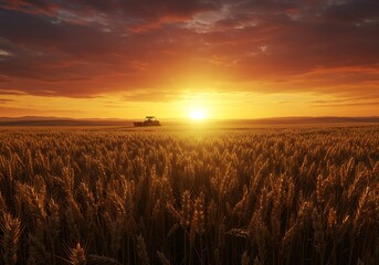 Fototapeta premium Golden Wheat Field at Sunset Agricultural Landscape with Dramatic Sky