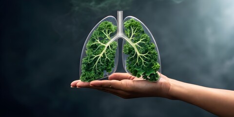 Transparent lungs filled with green kale leaves image